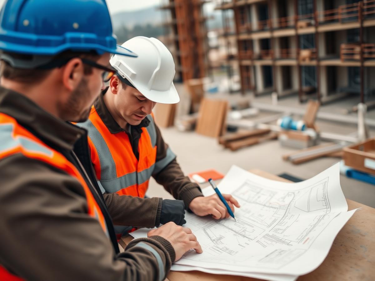 Equipe analisando projeto no canteiro de obras